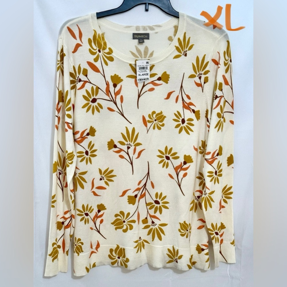 Style & Co. Floral Crew Neck Sweater Cream